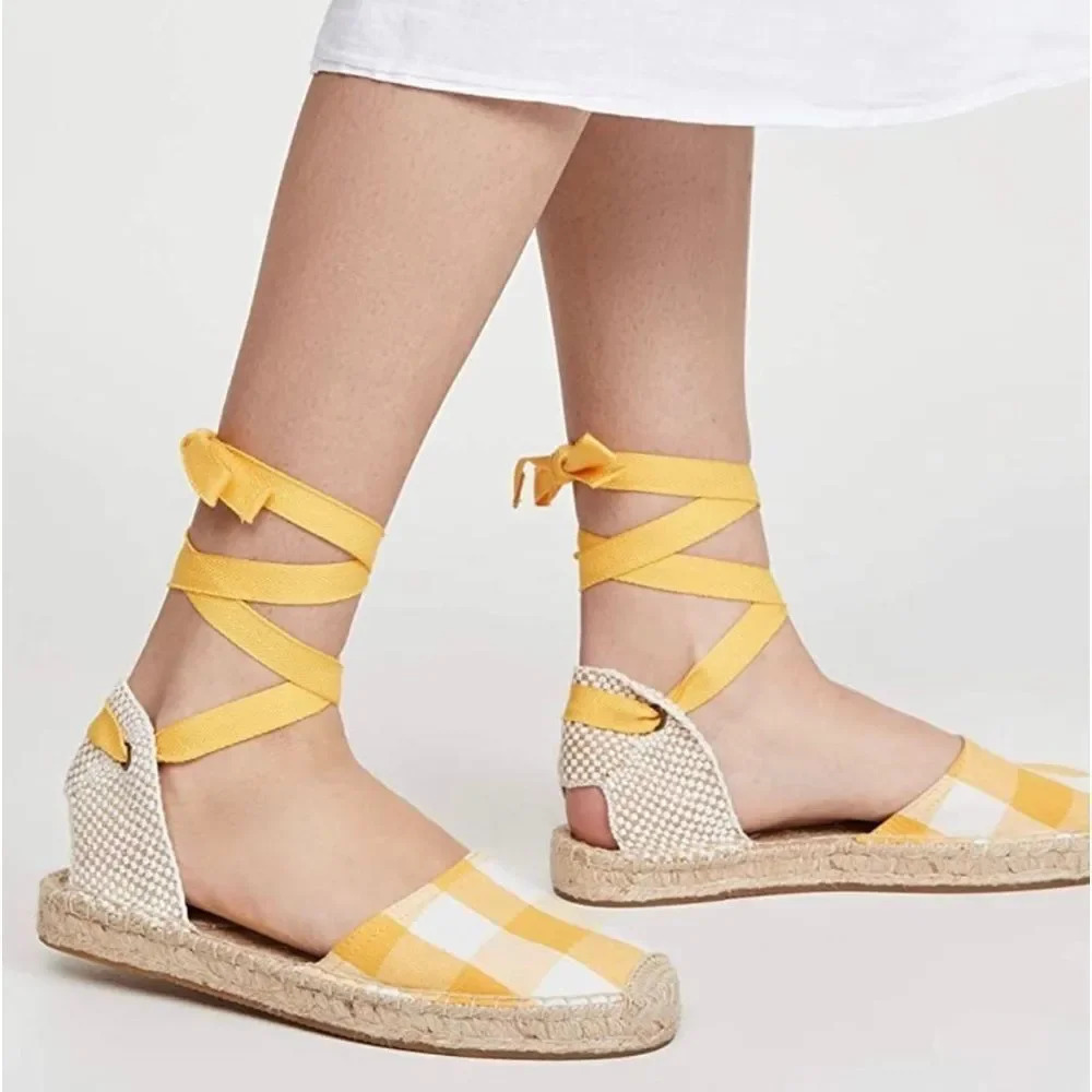 Soludos Lauren Espadrilles Size 7 Plaid Marigold Ankle Wrap Ties Jute EUC - Picture 1 of 11